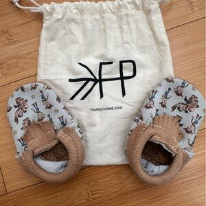Disney Freshly Picked Brown and Gray/Sage Baby Moccasins Hard Soles Sz 3